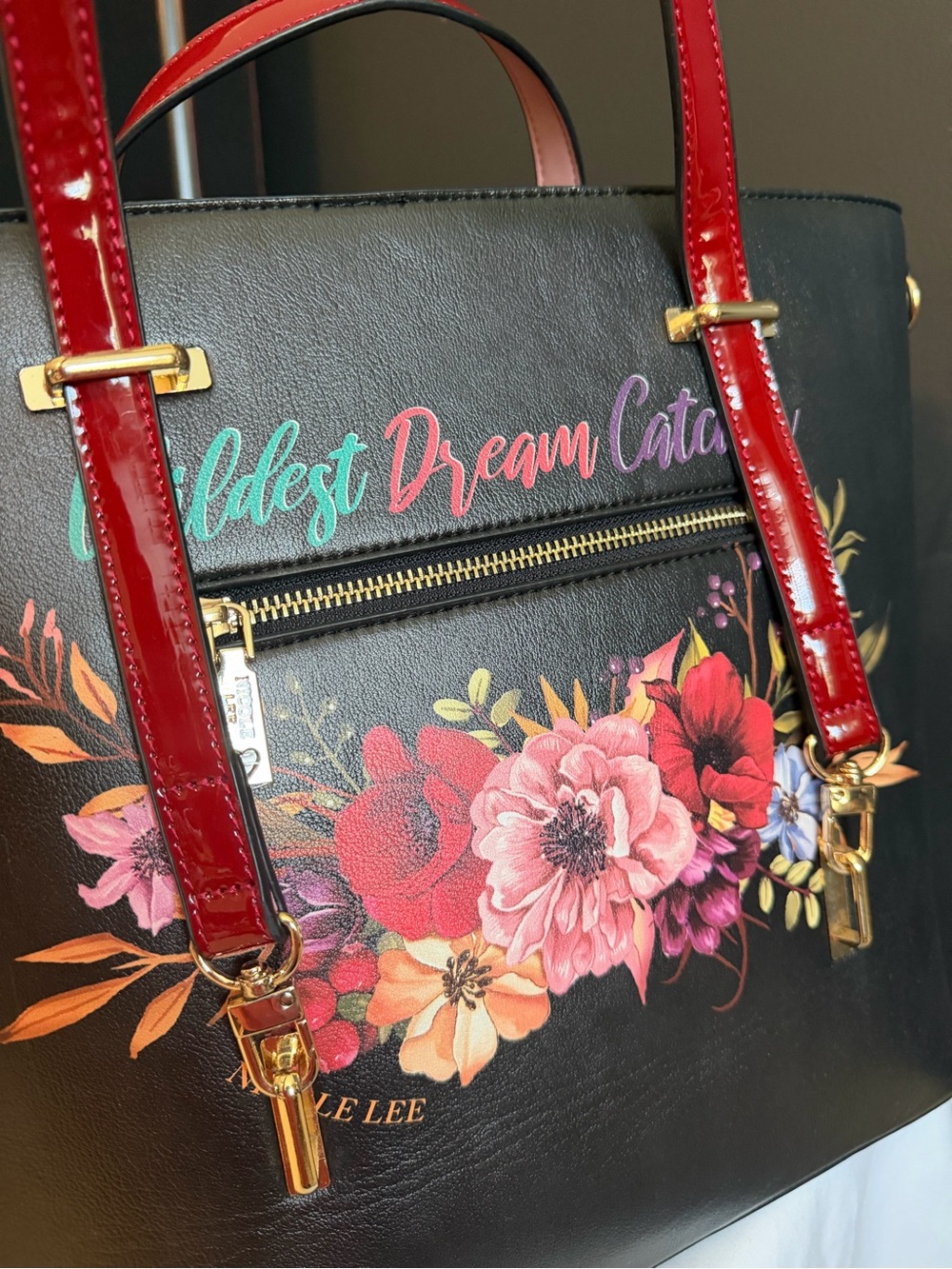 Nicole Lee Black Tote with Red Patent Handles and BOHO Floral Dreamcatcher. NEW - Picture 12 of 12